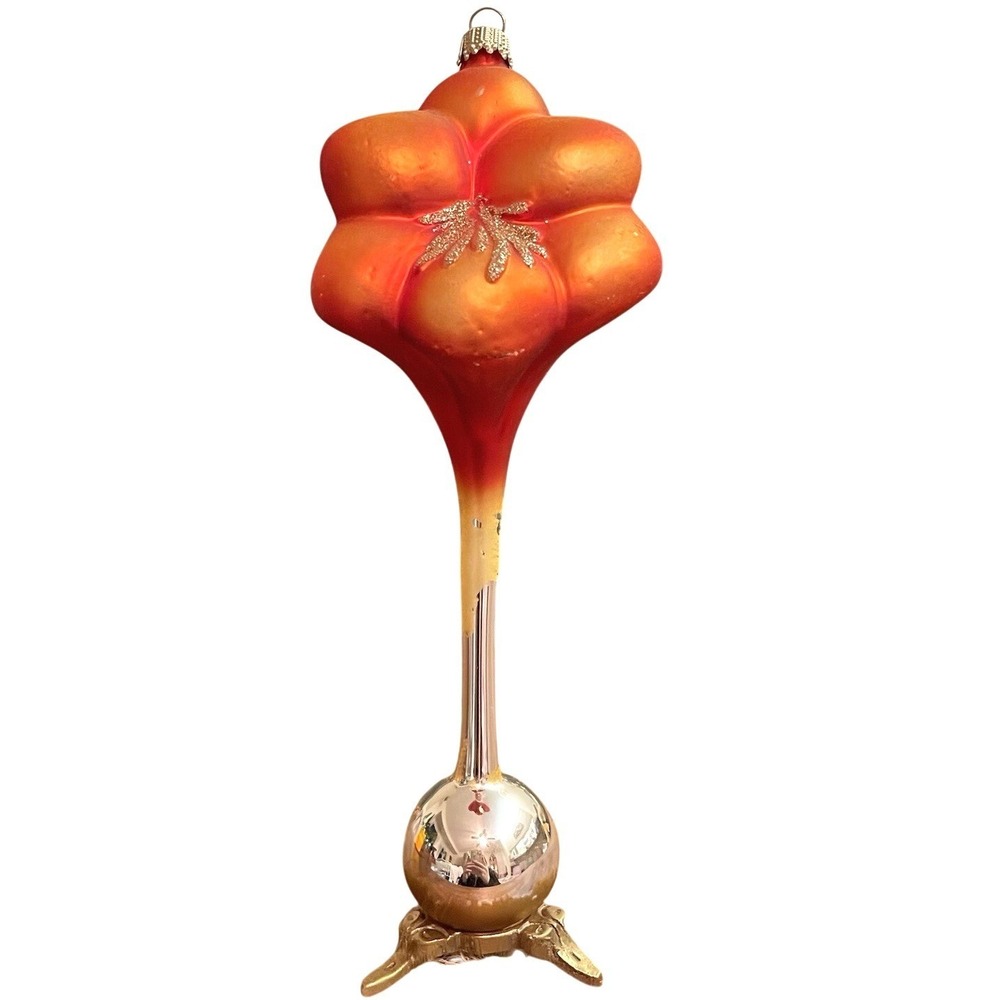 Vtg Glass Smith Hawken Amaryllis Bulb Christmas Ornament Germany‎ Orange 8.5"